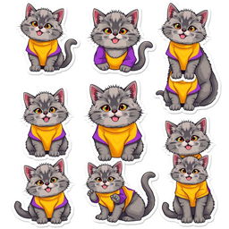 A vibrant collection of 9 stickers featuring a gray Pallas's cat (manul) wearing a bright yellow and purple t-shirt