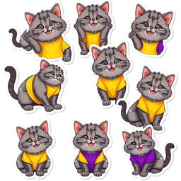 A vibrant collection of 9 stickers featuring a gray Pallas's cat (manul) wearing a bright yellow and purple t-shirt