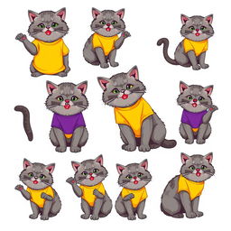 A vibrant collection of 9 stickers featuring a gray Pallas's cat (manul) wearing a bright yellow and purple t-shirt