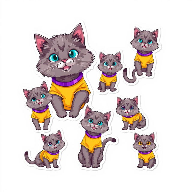 A vibrant collection of 9 stickers featuring a gray Pallas's cat (manul) wearing a bright yellow and purple t-shirt