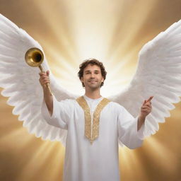 A confident man turned angel, styled in traditional biblical attire with gleaming white wings, a vibrant halo, holding a golden trumpet, set against a heavenly backdrop. The image reflects an accurate depiction based on biblical descriptions.