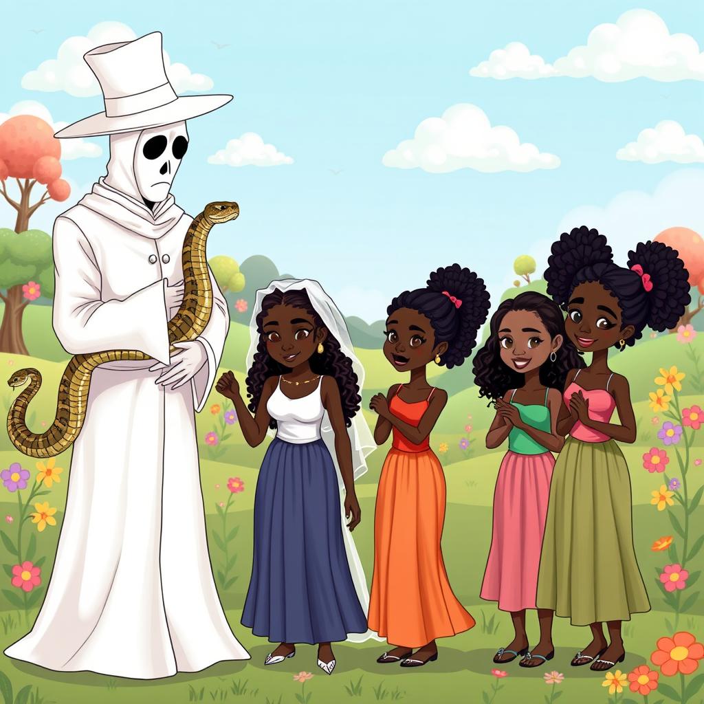 A mysterious white man dressed in all white with a white hat stands prominently in the scene, holding a large snake coiled around his arm