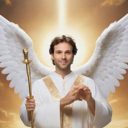 A confident man turned angel, styled in traditional biblical attire with gleaming white wings, a vibrant halo, holding a golden trumpet, set against a heavenly backdrop. The image reflects an accurate depiction based on biblical descriptions.