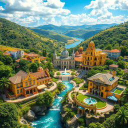 A captivating landscape showcasing the three villages - Aldeia Amarela, Aldeia Diamante, and Aldeia Ricos, each with unique architectural styles and vibrant colors