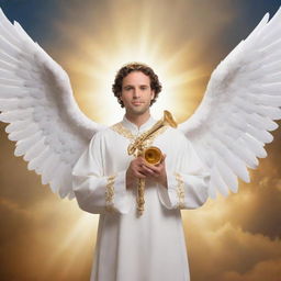 A confident man turned angel, styled in traditional biblical attire with gleaming white wings, a vibrant halo, holding a golden trumpet, set against a heavenly backdrop. The image reflects an accurate depiction based on biblical descriptions.