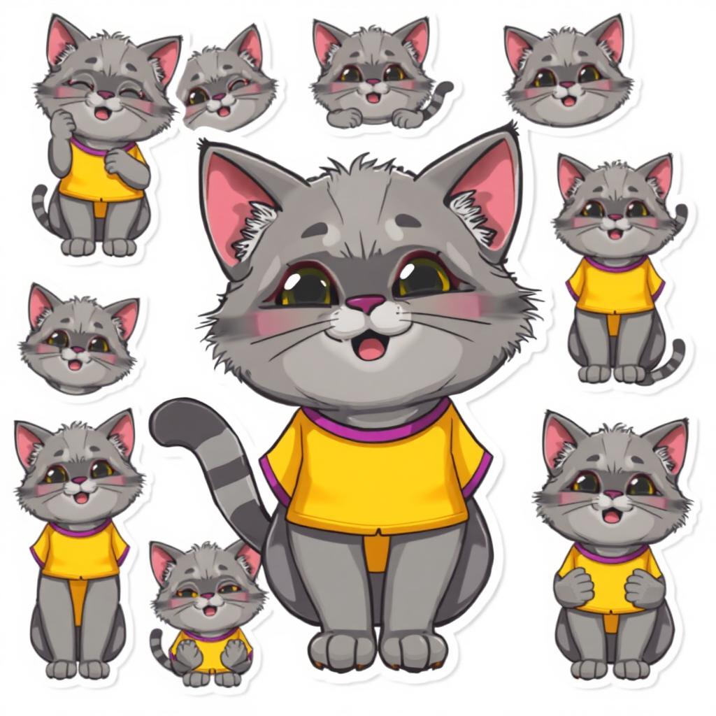 A vibrant collection of 15 cartoon-style stickers featuring a gray Pallas's cat (manul) wearing a bright yellow and purple t-shirt