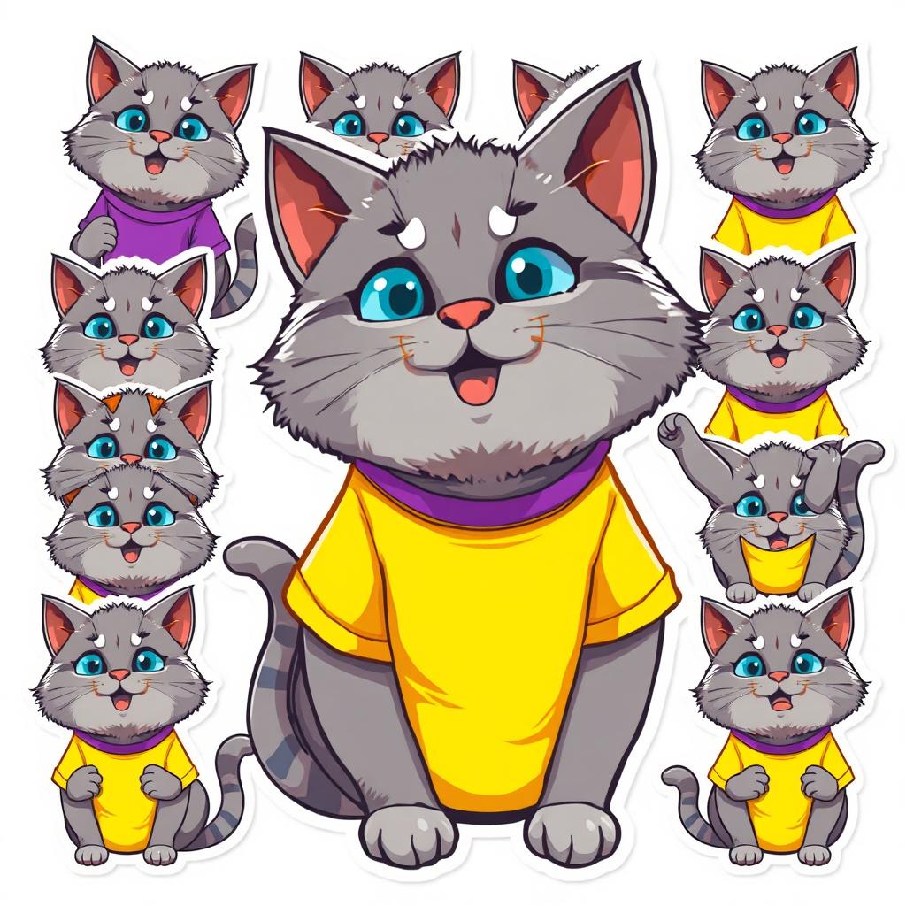 A vibrant collection of 15 cartoon-style stickers featuring a gray Pallas's cat (manul) wearing a bright yellow and purple t-shirt