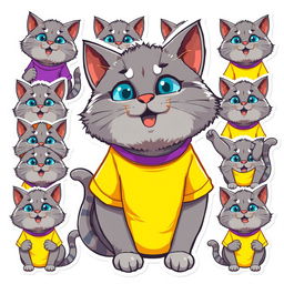 A vibrant collection of 15 cartoon-style stickers featuring a gray Pallas's cat (manul) wearing a bright yellow and purple t-shirt