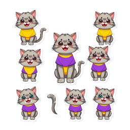 A vibrant collection of 15 cartoon-style stickers featuring a gray Pallas's cat (manul) wearing a bright yellow and purple t-shirt