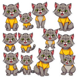 A vibrant collection of 15 cartoon-style stickers featuring a gray Pallas's cat (manul) wearing a bright yellow and purple t-shirt