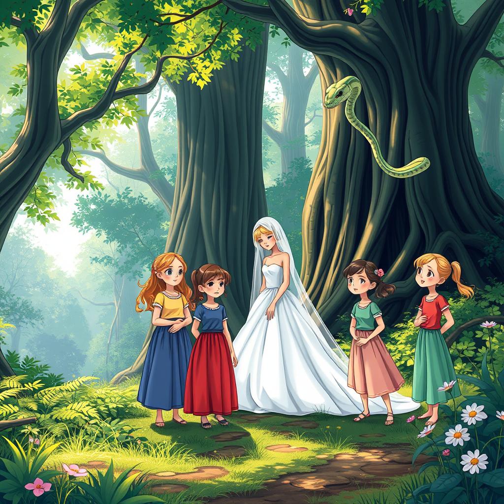 A sad white bride in a beautiful gown stands in a lush forest, surrounded by towering trees and vibrant greenery