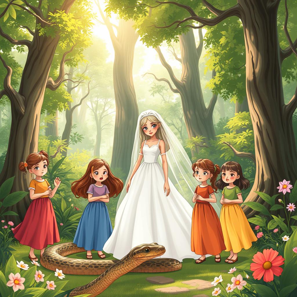 A sad white bride in a beautiful gown stands in a lush forest, surrounded by towering trees and vibrant greenery