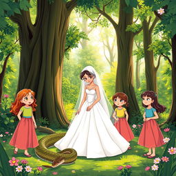 A sad white bride in a beautiful gown stands in a lush forest, surrounded by towering trees and vibrant greenery