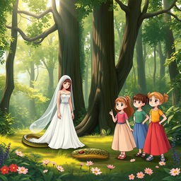 A sad white bride in a beautiful gown stands in a lush forest, surrounded by towering trees and vibrant greenery