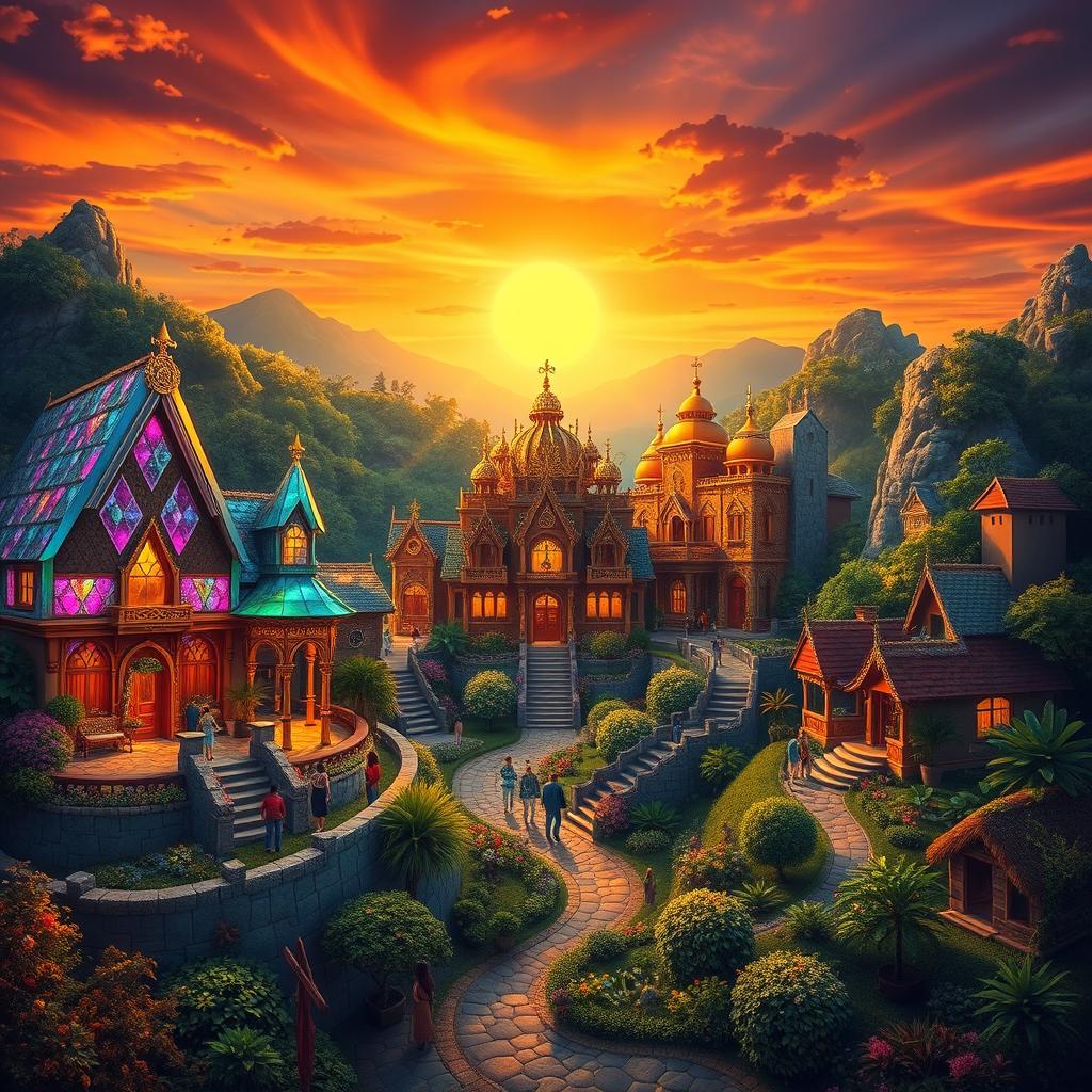 An artistic representation of a mystical scene showcasing three vibrant villages, each with unique architectural styles and rich, colorful landscapes