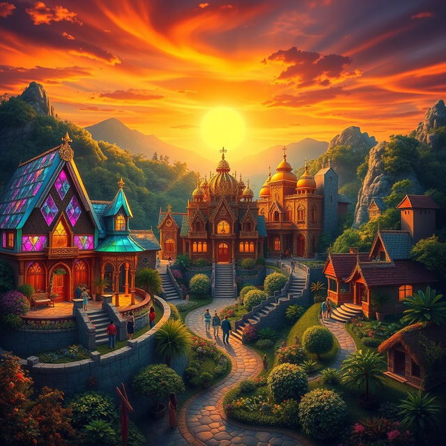 An artistic representation of a mystical scene showcasing three vibrant villages, each with unique architectural styles and rich, colorful landscapes