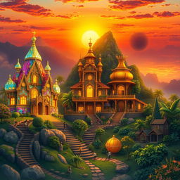 An artistic representation of a mystical scene showcasing three vibrant villages, each with unique architectural styles and rich, colorful landscapes