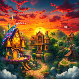 An artistic representation of a mystical scene showcasing three vibrant villages, each with unique architectural styles and rich, colorful landscapes