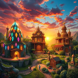 An artistic representation of a mystical scene showcasing three vibrant villages, each with unique architectural styles and rich, colorful landscapes