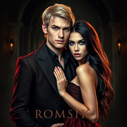 A captivating dark romance book cover featuring a handsome white man with blonde hair and Russian ancestry, standing confidently with a brooding expression