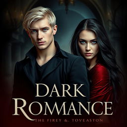 A captivating dark romance book cover featuring a handsome white man with blonde hair and Russian ancestry, standing confidently with a brooding expression