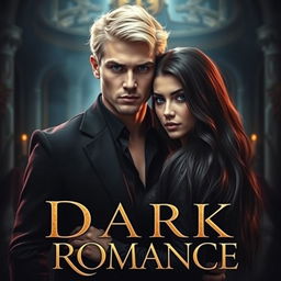 A captivating dark romance book cover featuring a handsome white man with blonde hair and Russian ancestry, standing confidently with a brooding expression