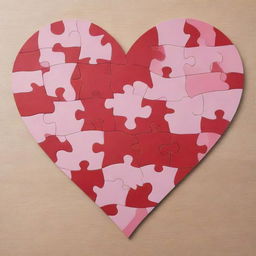 A heart-shaped jigsaw puzzle drawn in vector style. Each piece should be detailed and distinct, with shades of reds and pinks giving life to the image.