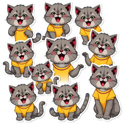 A vibrant collection of 15 cartoon-style stickers featuring a gray Pallas's cat (manul) wearing a bright yellow and purple t-shirt