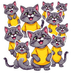 A vibrant collection of 15 cartoon-style stickers featuring a gray Pallas's cat (manul) wearing a bright yellow and purple t-shirt