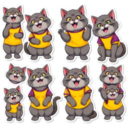 A vibrant collection of 15 cartoon-style stickers featuring a gray Pallas's cat (manul) wearing a bright yellow and purple t-shirt