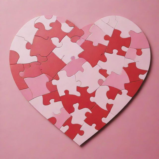 A heart-shaped jigsaw puzzle drawn in vector style. Each piece should be detailed and distinct, with shades of reds and pinks giving life to the image.