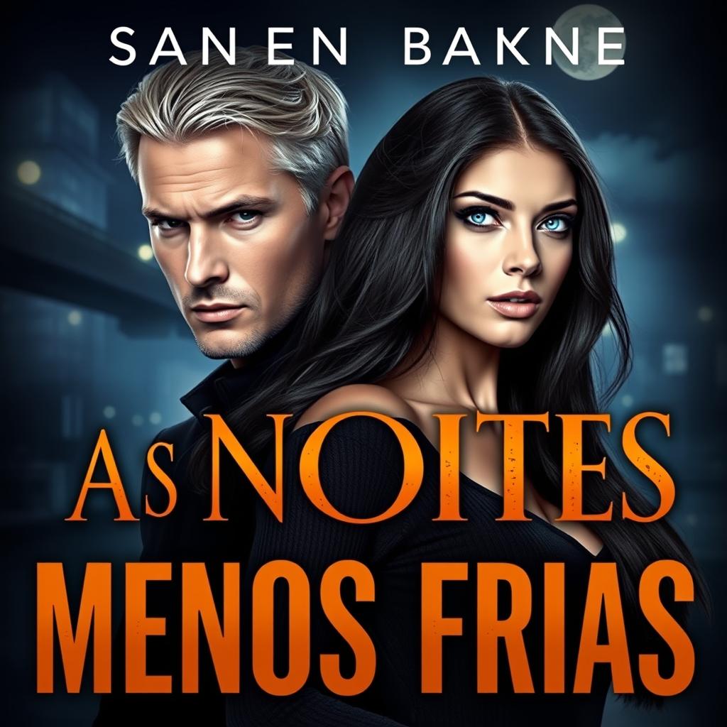 A stunning book cover for "As Noites Menos Frias" featuring a handsome white man with blonde hair and Russian ancestry, looking intensely at the viewer