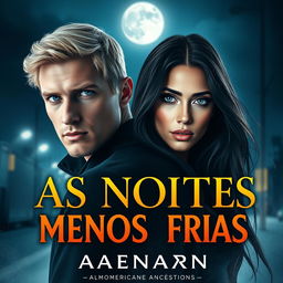 A stunning book cover for "As Noites Menos Frias" featuring a handsome white man with blonde hair and Russian ancestry, looking intensely at the viewer