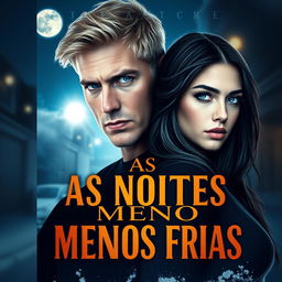 A stunning book cover for "As Noites Menos Frias" featuring a handsome white man with blonde hair and Russian ancestry, looking intensely at the viewer