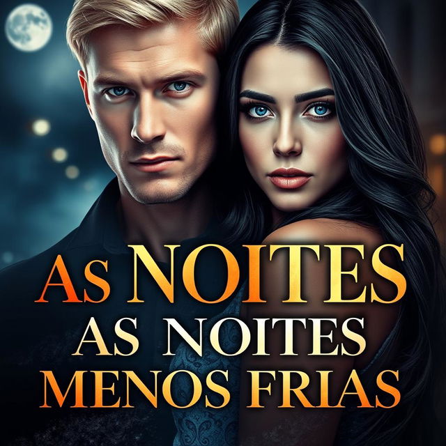 A stunning book cover for "As Noites Menos Frias" featuring a handsome white man with blonde hair and Russian ancestry, looking intensely at the viewer