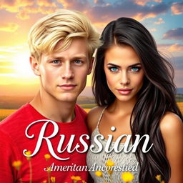 A visually striking book cover featuring a young white man with blonde hair and Russian ancestry, alongside a young woman with long black hair and captivating blue eyes, representing American heritage