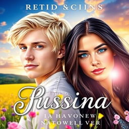 A visually striking book cover featuring a young white man with blonde hair and Russian ancestry, alongside a young woman with long black hair and captivating blue eyes, representing American heritage