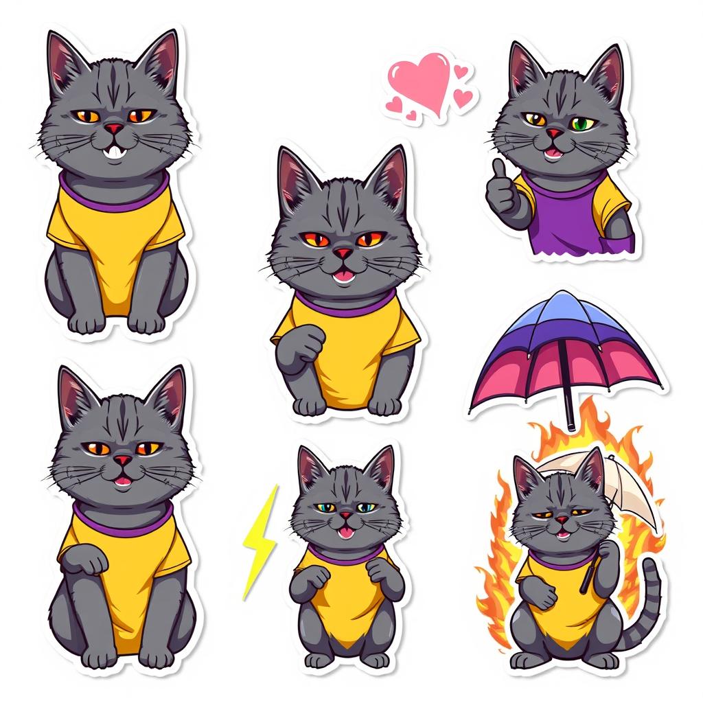 A set of vibrant stickers featuring a gray manul cat wearing a stylish yellow and purple t-shirt