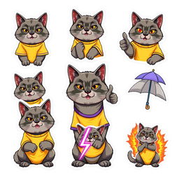 A set of vibrant stickers featuring a gray manul cat wearing a stylish yellow and purple t-shirt