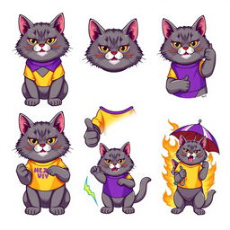 A set of vibrant stickers featuring a gray manul cat wearing a stylish yellow and purple t-shirt