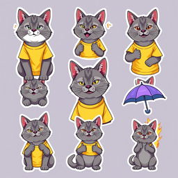 A set of vibrant stickers featuring a gray manul cat wearing a stylish yellow and purple t-shirt