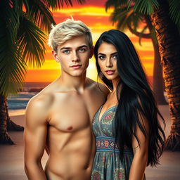 A visually striking book cover featuring a young white man with blonde hair and Russian ancestry, standing alongside a beautiful young woman with long black hair and captivating blue eyes, representing American heritage