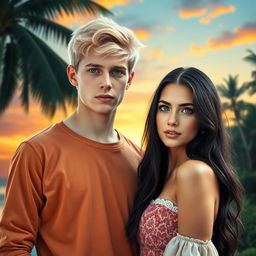 A visually striking book cover featuring a young white man with blonde hair and Russian ancestry, standing alongside a beautiful young woman with long black hair and captivating blue eyes, representing American heritage