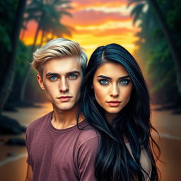 A visually striking book cover featuring a young white man with blonde hair and Russian ancestry, standing alongside a beautiful young woman with long black hair and captivating blue eyes, representing American heritage