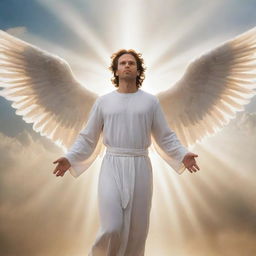 An angel as described in the Bible, with his eyes covered by wings and four wings total. He is poised mid-flight against a serene heavenly backdrop, radiating divine majesty.