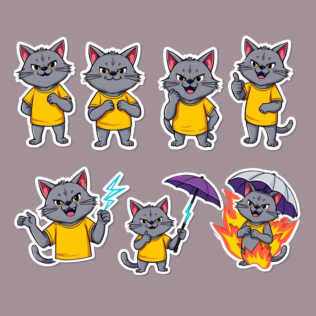 A set of eight stickers featuring a gray cat-manul character wearing a yellow and purple t-shirt