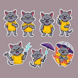 A set of eight stickers featuring a gray cat-manul character wearing a yellow and purple t-shirt