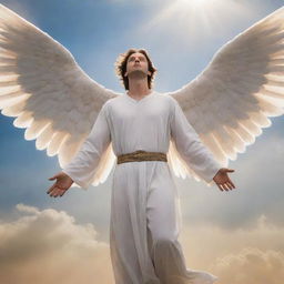 An angel as described in the Bible, with his eyes covered by wings and four wings total. He is poised mid-flight against a serene heavenly backdrop, radiating divine majesty.