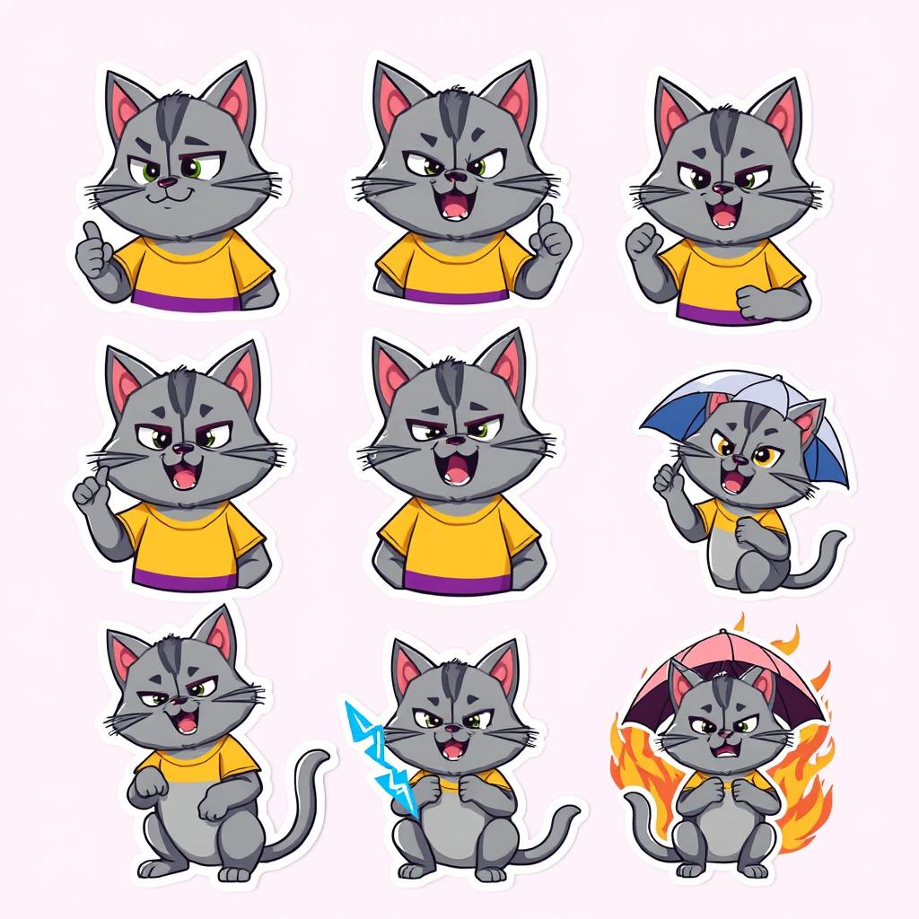 A set of eight stickers featuring a gray cat-manul character wearing a yellow and purple t-shirt