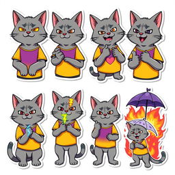 A set of eight stickers featuring a gray cat-manul character wearing a yellow and purple t-shirt